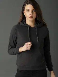 Roadster Women Charcoal Grey Solid Hooded Sweatshirt