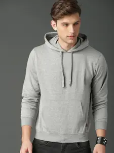 Roadster Men Grey Melange Solid Hooded Sweatshirt