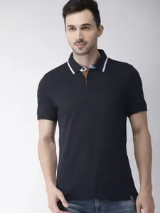 Celio Men Navy Blue Solid Polo Collar Pure Cotton T-shirt