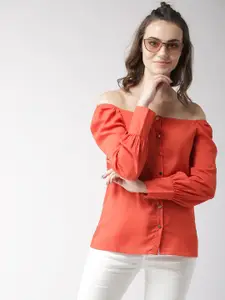 Style Quotient Women Orange Solid Bardot Top