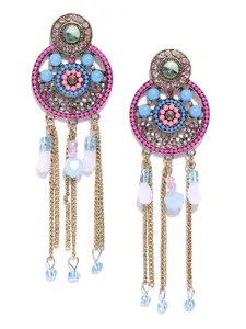 Jewels Galaxy Pink & Blue Antique Gold-Plated Beaded Handcrafted Circular Drop Earrings