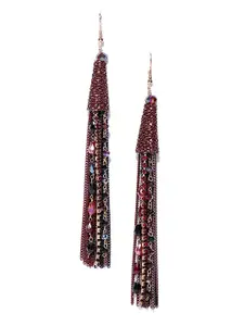 Jewels Galaxy Maroon Gold-Plated Handcrafted Tasselled Drop Earrings