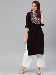 W Women Coffee Brown & Golden Yoke Design Straight Velvet Kurta