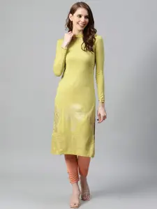 W Women Lime Green & Golden Geometric Woven Design Sequins Kurta