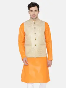 Wintage Beige Banarasi Woven Design Nehru Jacket