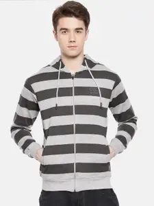 Proline Active Men Grey Melange Striped Hooded Sweatshirt