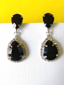 OOMPH Black Silver-Plated Handcrafted CZ Stone-Studded Teardrop Shaped Drop Earrings