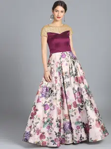 Ethnovog Women Off-White  Purple Made to Measure Printed Cocktail Gown
