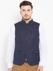 Blackberrys Men Navy Blue Slim Fit Textured Nehru Jacket
