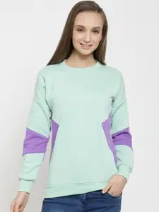Belle Fille Women Sea Green & Purple Colourblocked Sweatshirt