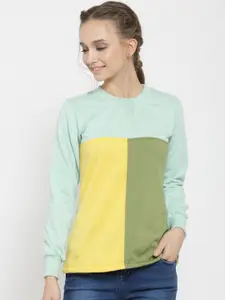 Belle Fille Women Green & Yellow Colourblocked Sweatshirt