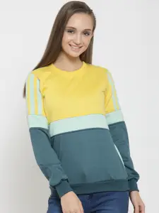Belle Fille Women Yellow & Teal Colourblocked Sweatshirt