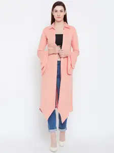 Hypernation Peach-Coloured Solid Open Front Bell Sleeves Longline Shrug