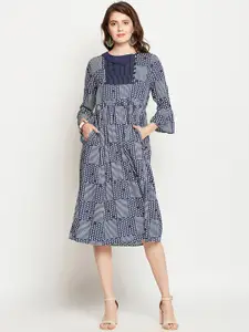 RARE ROOTS Women Navy Blue Printed Fit and Flare Dress