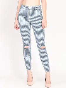 Kotty Women Blue and White Striped Skinny Fit High-Rise Distress Jeans