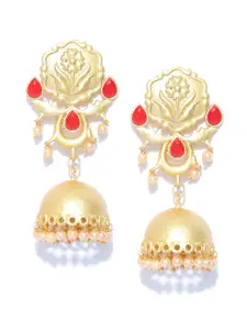 Zaveri Pearls Red Gold-Plated Stone-Studded Dome Shaped Jhumkas