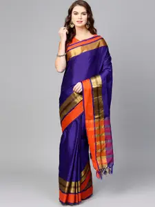 Saree mall Navy Blue & Orange Solid Saree