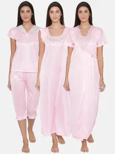 Clovia Women Pack Of 4 Pink Solid Nightdress Set