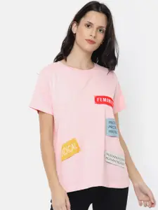 EVAH LONDON Women Pink Solid Round Neck T-shirt