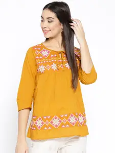 Bhama Couture Women Mustard Yellow Embroidered A-Line Pure Cotton Top