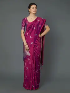 Mitera Magenta Silk Blend Woven Design Kanjeevaram Saree