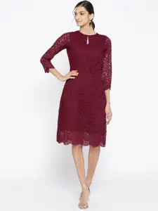 Athena Women Burgundy Lace A-Line Dress