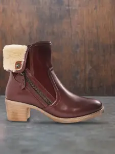Roadster Women Burgundy & Beige Solid Mid-Top Heeled Boots with Faux Fur Detail