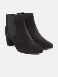 DressBerry Women Black Solid Mid-Top Block Heeled Chelsea Boots with Suede Finish