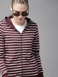 Roadster Women Burgundy & White Striped Hooded Sweatshirt