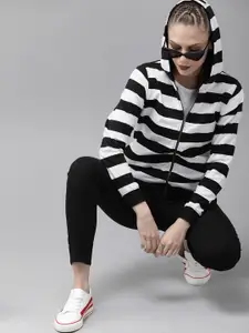 Roadster Women Black & White Striped Hooded Sweatshirt