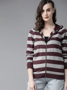 Roadster Women Burgundy & Grey Melange Striped Hooded Sweatshirt