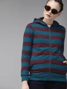 Roadster Women Teal Blue & Maroon Striped Hooded Sweatshirt