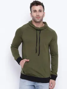 GRITSTONES Men Olive Green Solid Hooded Sweatshirt
