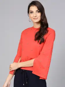 STREET 9 Women Coral Red Embellished Sweatshirt