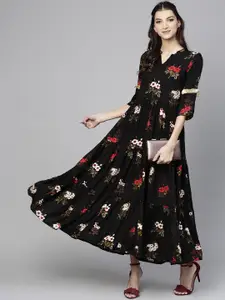 Libas Women Black Floral Print Tiered Maxi Dress