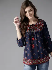 HERE&NOW Navy Blue & Red Ethnic Motifs Pleated A-Line Top