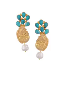 Silvermerc Designs Gold-Plated & Turquoise Blue Peacock Shaped Handcrafted Drop Earrings