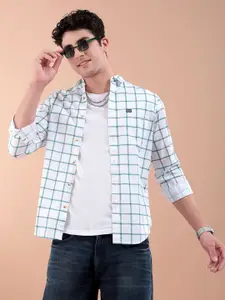 The Indian Garage Co Men White & Green Regular Fit Checked Casual Shirt