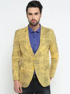 SHOWOFF Men Yellow Printed Slim Fit Single-Breasted Pure Cotton Blazer
