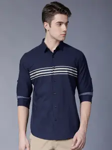 LOCOMOTIVE Men Navy Blue & Beige Slim Fit Striped Casual Shirt