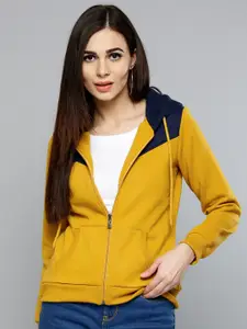 RARE Women Mustard Yellow & Navy Blue Colourblocked Hooded Sweatshirt