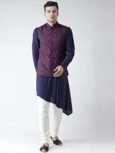 KISAH Men Navy Blue & Purple Self Design Kurta with Churidar & Nehru Jacket