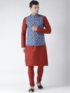 KISAH Men Red Solid Kurta with Churidar & Nehru Jacket
