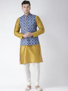 KISAH Men Gold-Coloured Solid Kurta with Churidar & Nehru Jacket