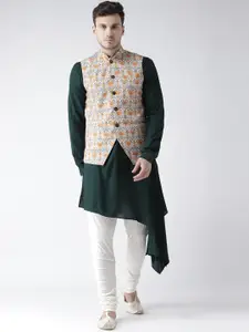 KISAH Men Olive Green & Cream-Coloured Printed Kurta with Churidar & Nehru Jacket