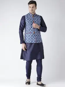 KISAH Men Navy Blue Solid Churidar Kurta with Nehru Jacket