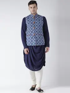 KISAH Men Navy Blue Solid Churidar Kurta with Nehru Jacket