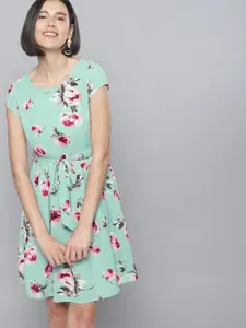 Tokyo Talkies Green Floral Printed Fit and Flare Dress
