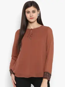 Antheaa Women Rust Brown Hand Embroidered Sleeve Top