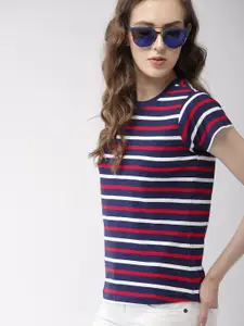 Harvard Women Navy  Red Striped Round Neck Pure Cotton T-shirt
